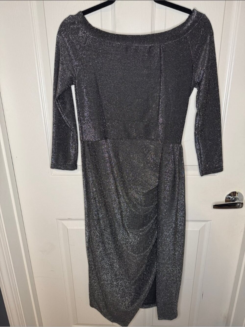 Shimmering Silver Boatneck Long-Sleeve Midi Dress